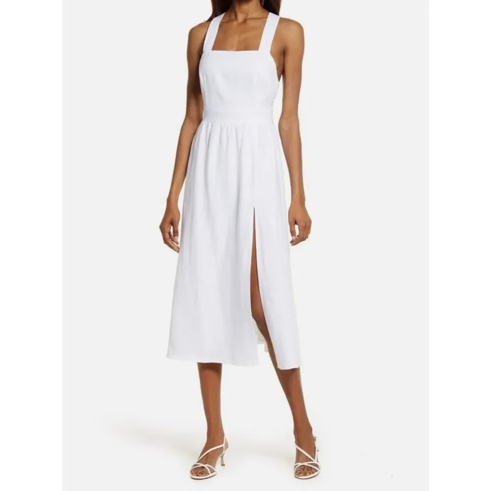 REFORMATION Elara Linen Fit & Flare Midi Dress Size 2 Sleeveless Ivory White